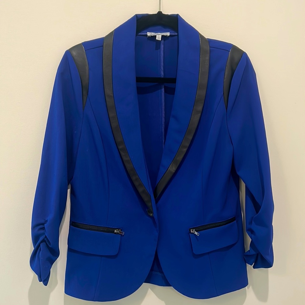 Royal Blue Blazer with Leather trim, 3/4 length sleeves with zipper pockets